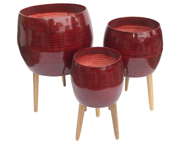 Exquisite Lacquered Red Bamboo Planters with Wooden Feet
